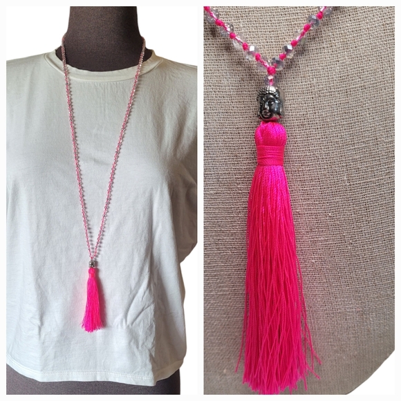 Hot Pink Buddha Tassel Beaded Necklace - Picture 1 of 14